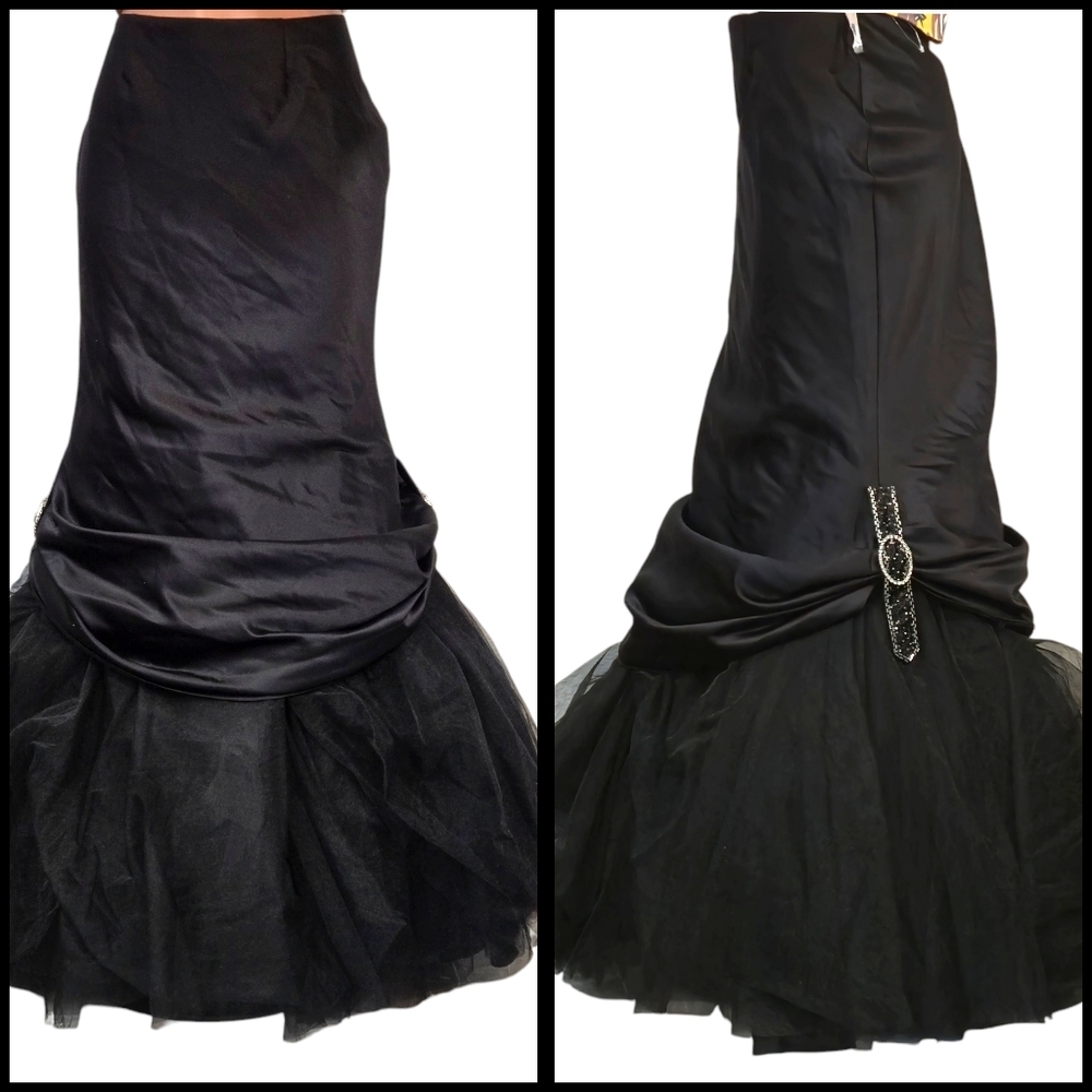 Tiffany Designs Black Maxi Skirt Side Rhinestone Buckle Design Sz 12